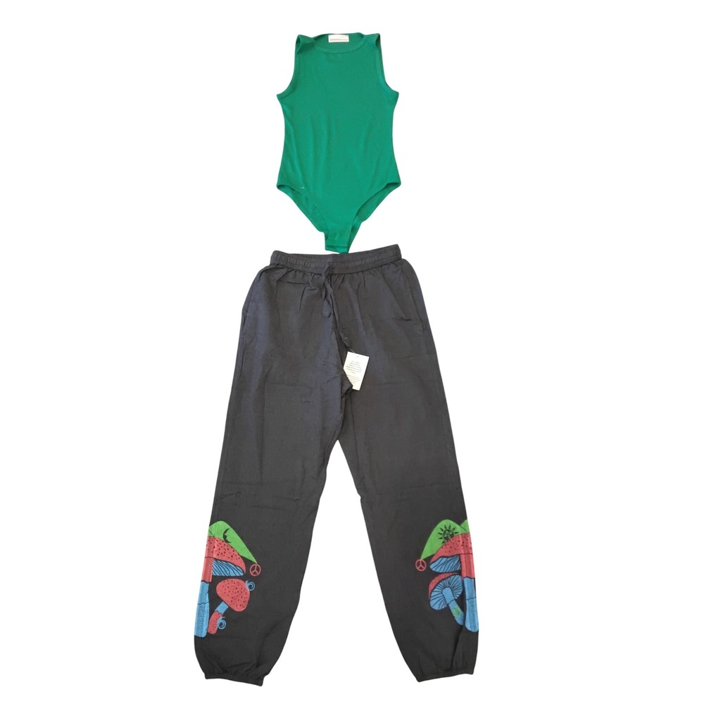 Zenana Green Bodysuit & Rising International Mushroom Joggers 2pc Set Small NWT